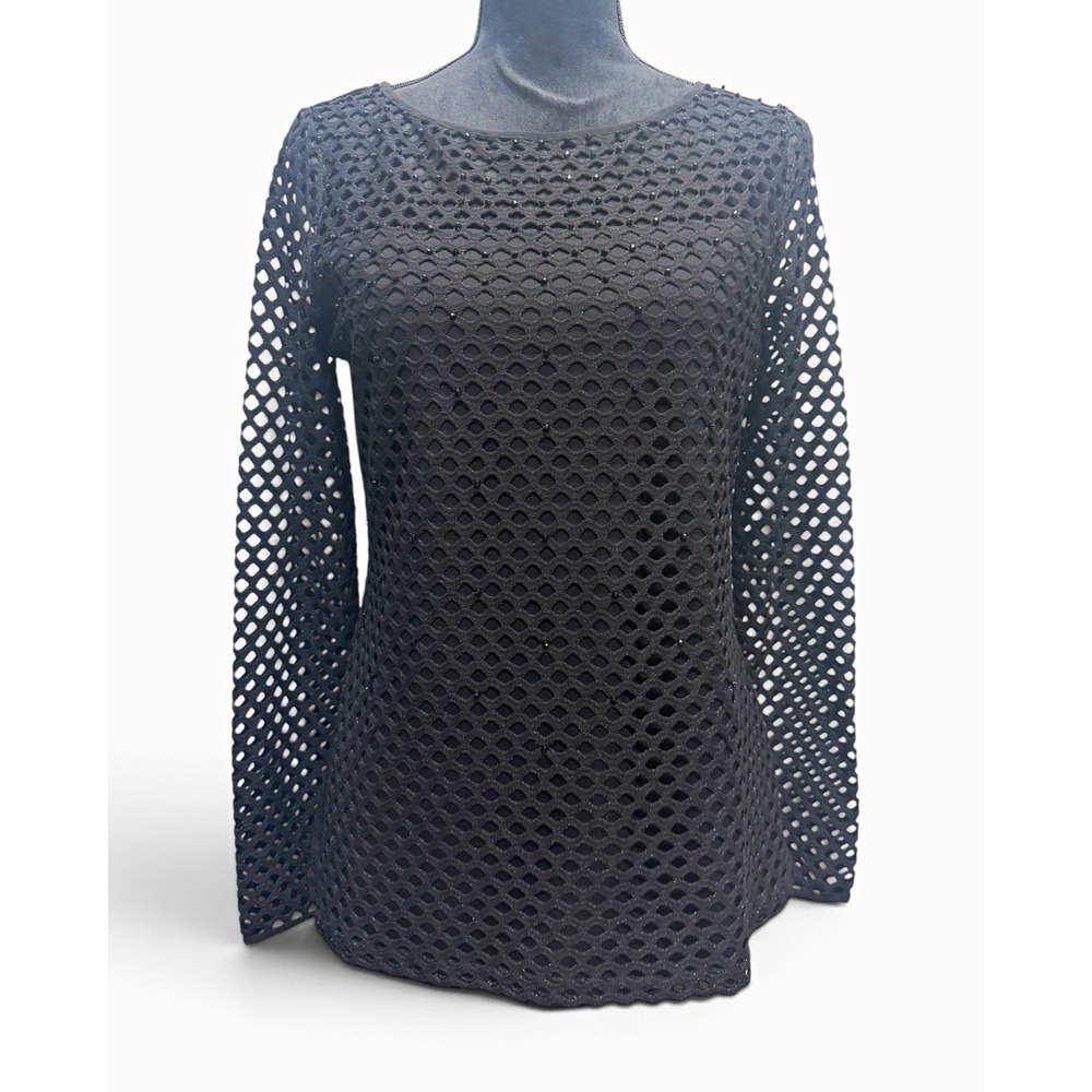ESCADA Black Mesh Cutout Long Sleeve Top Womens S Sparkle Open Knit Designer